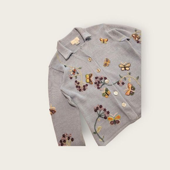 Vintage 90s Cache baby blue button down collared floral butterfly knit cardigan - Picture 3 of 5